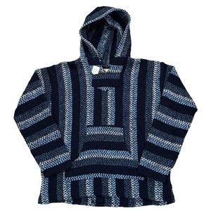 Vintage Baja Joe Unisex Blue & White Rasta Poncho Pullover Hoodie Sz S